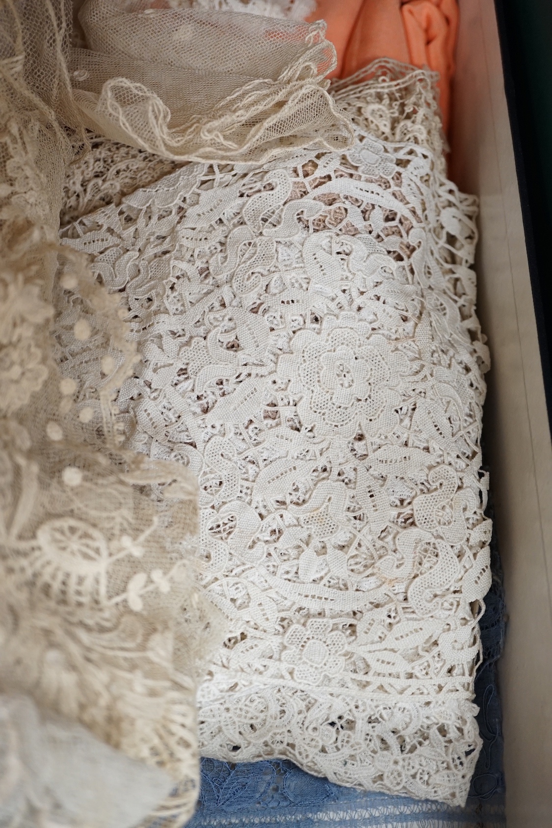 A collection of machine lace samples, a silk stole and 2 samples of silk